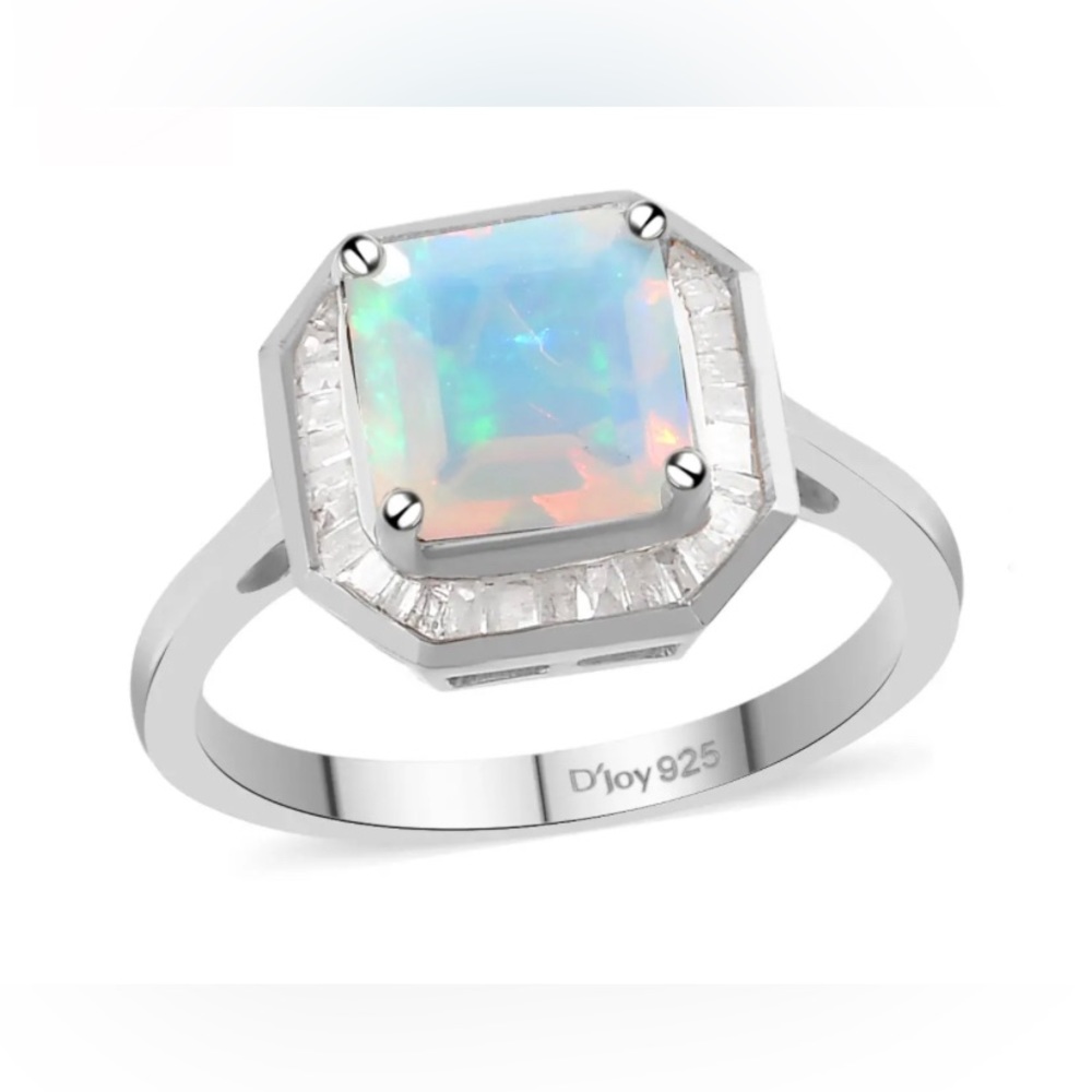 Asscher Cut Premium Ethiopian Welo Opal, Diamond Halo in Platinum over Sterling